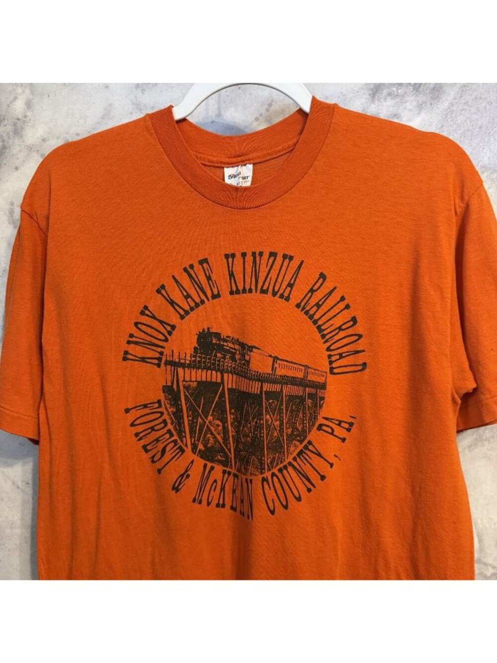Vintage 80s Knox Kane Kinzua Railroad T Shirt Mens XL Orange Single Stitch USA